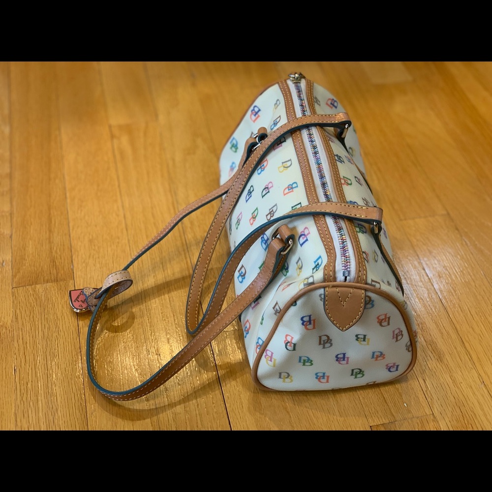 Dooney & Bourke white barrel bag with colored logo